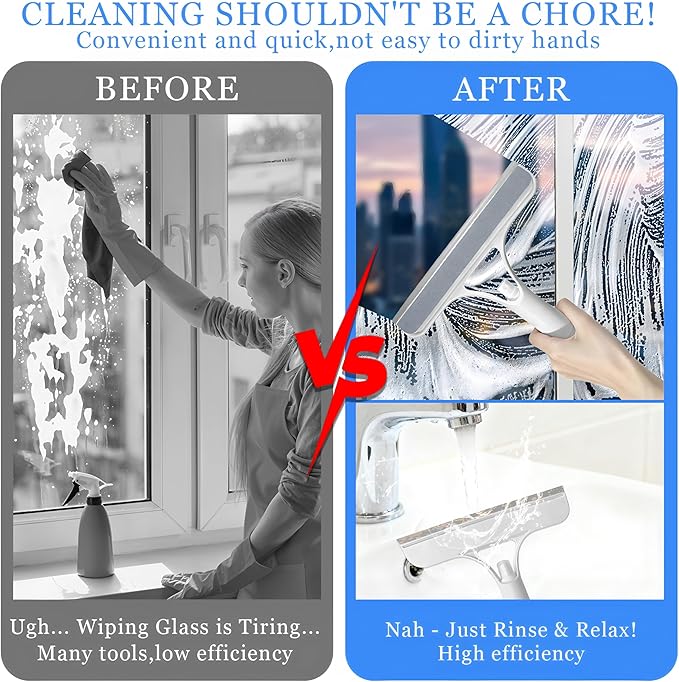 3 in 1 Window Cleaning Scraper with Spray,Glass Squeegee with Removable Hook-and-Loop Scrubbing Sponge,Mirror Cleaner Tool for Home,Car Windshield,Shower Glass,Easy Scrubbing & Streak-Free Cleaning