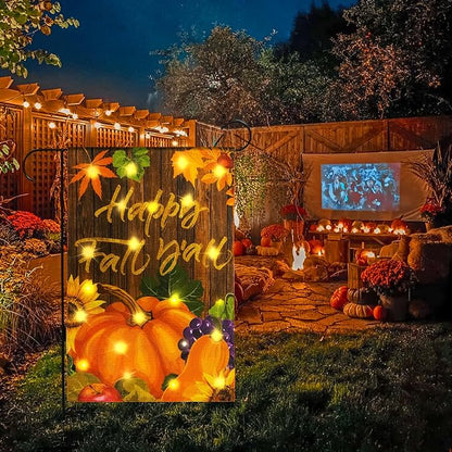 Solar Garden Flag with Lights - Happy Fall Y'all 12 x 18 Double Sided 5 Modes Led Pumpkin Yard Sign for Farmhouse Patio Lawn Harvest Thanksgiving