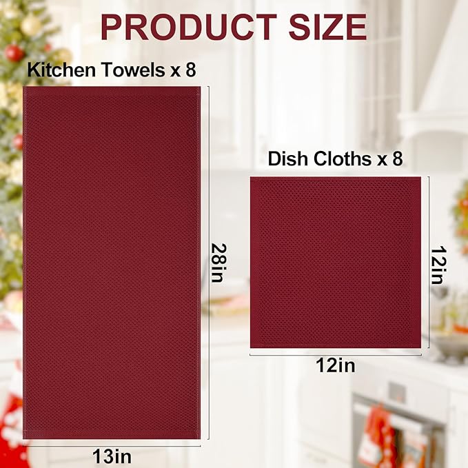 Homaxy 100% Cotton Kitchen Towels and Dishcloths Set, 12 x 12 Inches and 13 x 28 Inches, Set of 16 Bulk Kitchen Towels Set, Ultra Soft Absorbent Dish Cloths for Washing Dishes, Burgundy