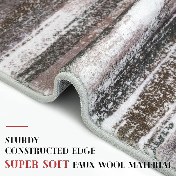 Modern Abstract 6x9 Machine Washable Living Room Rug Non-Slip Soft Bedroom Area Rug Dark Light Brown White Ultra Thin Print Faux Wool Floor Carpet Throw Rugs for Dining Room Indoor Office