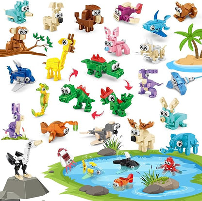 24 Pcs Animal Building Sets 24 Packs Valentines Party Favors For Kids, 72 Kinds of Transformable Building Block Toy, Goodie Bag Stuffers, Classroom Student Prizes Birthday Gifts for Kid Age 6+