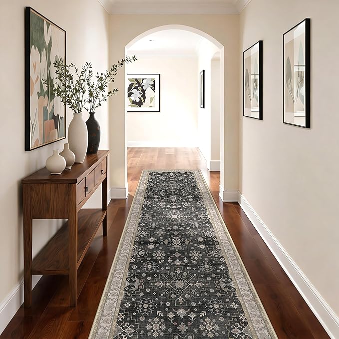 GENIMO 2'5x10 Runner Rug,Machine Washable Non-Slip Vintage Rugs,Low Pile Lightweight Carpet for Bedroom,Hallway,Entryway,Kitchen,Bathroom,Black