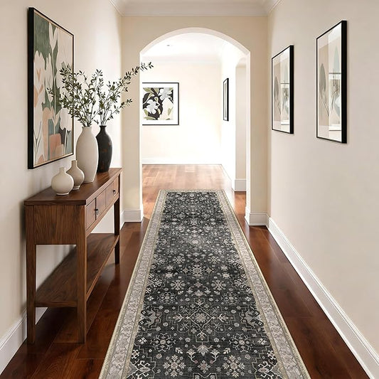 GENIMO 2'5x10 Runner Rug,Machine Washable Non-Slip Vintage Rugs,Low Pile Lightweight Carpet for Bedroom,Hallway,Entryway,Kitchen,Bathroom,Black