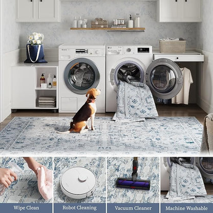 jinchan Runner Rug 2x6 Washable Hallway Runner - Vintage Floral Non Slip Low-Pile Soft Ultra-Thin Kitchen Rug Distressed Carpet for Farmhouse Bedroom Entryway Laundry Room (2x6ft,Blue)