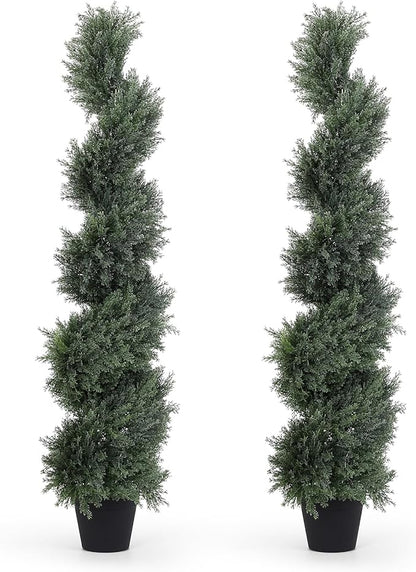 THE BLOOM TIMES 4ft Tall Spiral Artificial Topiary Trees Set of 2, 48 inch Large Faux Cedar Trees for Outdoor Planters, Fake Cypress Plants for Garden Front Porch Indoor Outside Christmas Decor 4 Foot