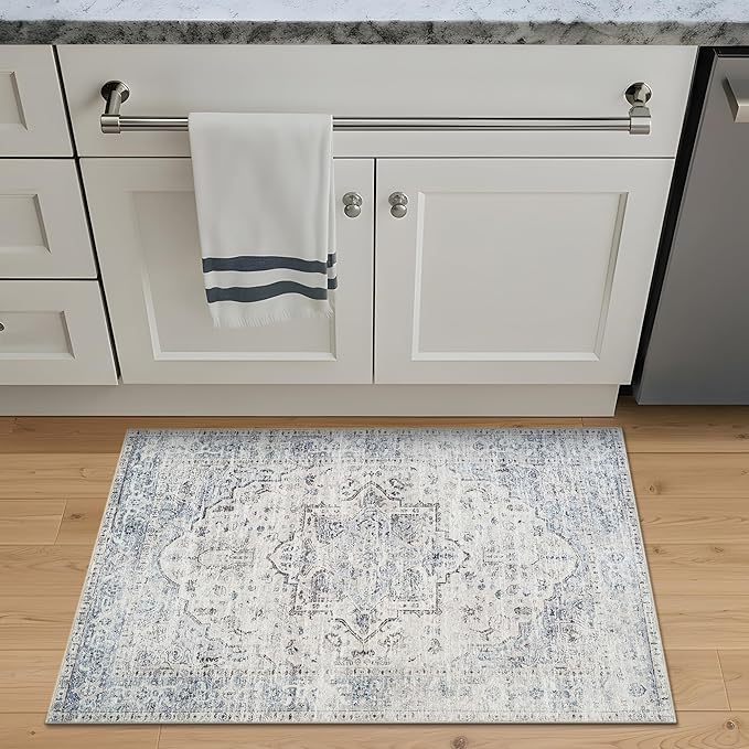 Bloom Rugs Washable Non-Slip 2x3 Rug - Ivory/Blue/Gray Traditional Oriental Area Rug for Living Room, Bedroom, Dining Room, and Kitchen - Exact Size: 2' x 3'