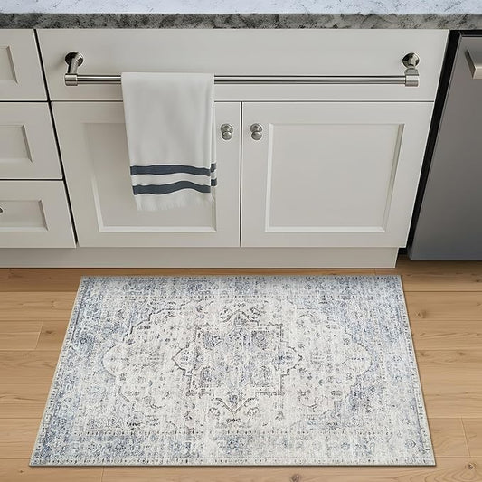Bloom Rugs Washable Non-Slip 2x3 Rug - Ivory/Blue/Gray Traditional Oriental Area Rug for Living Room, Bedroom, Dining Room, and Kitchen - Exact Size: 2' x 3'