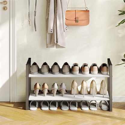 Shoe Rack for Closet & Entryway, Stackable 2-Tier Shoe Organizer, Welded Metal Frame, Semi-Assembled Fast Setup, 11.8" Deep Non-Woven Shelves, Space-Saving Shoe Storage, Black