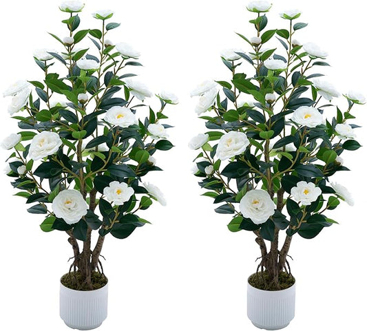 2 Pack Artificial Camellia Tree with White Pot, 38" Faux Potted Plants for Indoor Outdoor Decor, Tall Silk Greenery Plant for Home Office Living Room Balcony, White