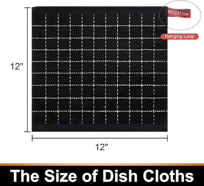 Mordimy 100% Cotton Terry Cloth Dish Cloths, Soft and Absorbent Checkered Dish Towels, Quick Drying Dish Rags for Washing Dishes, 12 Pack, 12 x 12 Inches, Black