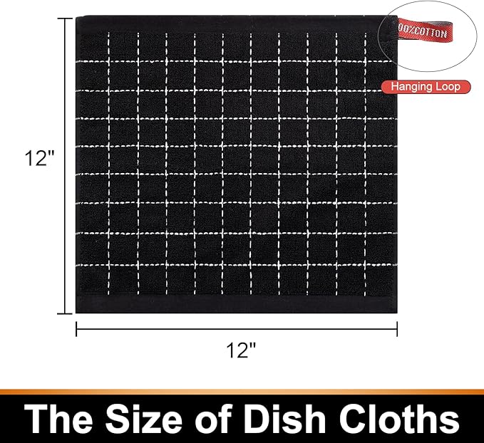 Mordimy 100% Cotton Terrycloth Kitchen Towels and Dishcloths Sets, Soft and Absorbent Checkered Dish Towels, Quick Drying Dish Rags for Washing Dishes, 4 Pack 16" x 26" & 4 Pack 12" x 12", Black