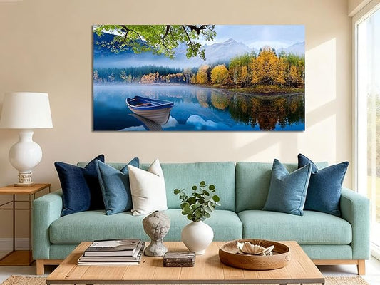 Arjun Lake Canvas Wall Art Blue Mountain Sky Nature Landscape Picture Boat Artwork Modern Scenic Painting Framed Large for Living Room Bedroom Dining Room Home Office Wall Decor 48"x24"