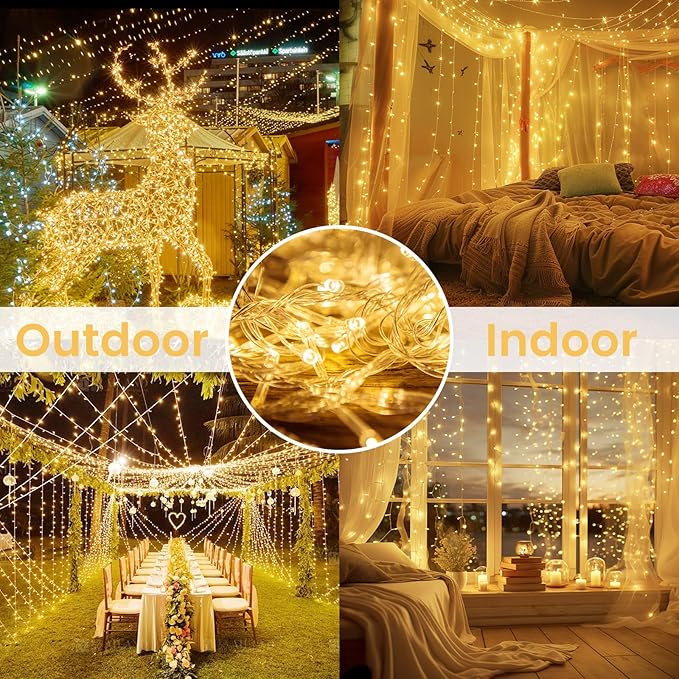 2 Pack String Lights Battery Operated with Timer, 66FT 200 LED Waterproof Battery Twinkle Lights, 8 Modes Fairy Light for Indoor & Outdoor Party Bedroom Garland Tree Christmas Decorations (Warm White)