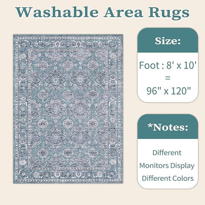 SERISSA Boho 8x10 Area Rugs Blue Grey, Washable Vintage Floral Large Living Room Rug Non-Slip, Ultra Soft Oriental Print Distressed Farmhouse Carpet for Dining Room Bedroom Dorm Office Home Decor