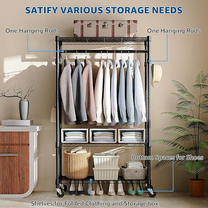 Heavy Duty Rolling Garment Rack 3 Tiers Adjustable Wire Shelving Clothes Rack with Rods and Side Hooks,Storage Closet Clothing Rack with Wheels Black 15.7" D x 29.5" W x 74.5" H