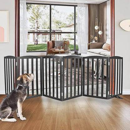 ZJSF Foldable Freestanding Indoor Dog Gate for House Wood Long Pet Gates Dog Fence for Stairs Puppy Gates for Hallways, Puppy Gate,Support Feet Included, Black, 32 "Height-6 Panels