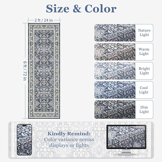 Dark Blue 2x6 Runner Rug for Hallways, Boho Floral Moroccan Trellis Printed Kitchen Bathroom Runner 6ft, Non Slip Washable Low Pile Thin Carpet Runner for Mudroom/Laundry Room/Bedroom Bedside