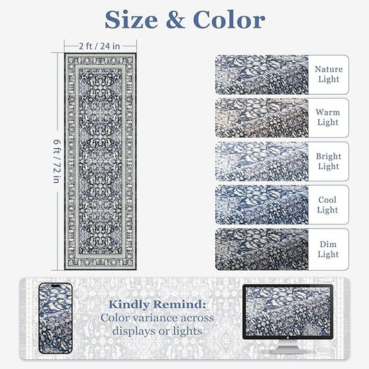 Dark Blue 2x6 Runner Rug for Hallways, Boho Floral Moroccan Trellis Printed Kitchen Bathroom Runner 6ft, Non Slip Washable Low Pile Thin Carpet Runner for Mudroom/Laundry Room/Bedroom Bedside