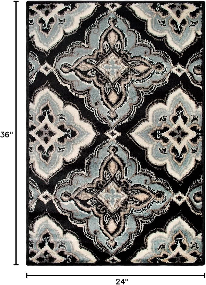 Superior Indoor Area Rug, Jute Backing, Medallion Rugs for Entryway, Living Room, Kitchen Floors, Bedroom, Office, Plush Floor Cover, Traditional Aesthetic, Crawford Collection, 2x3, Black Ivory