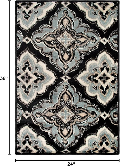 Superior Indoor Area Rug, Jute Backing, Medallion Rugs for Entryway, Living Room, Kitchen Floors, Bedroom, Office, Plush Floor Cover, Traditional Aesthetic, Crawford Collection, 2x3, Black Ivory