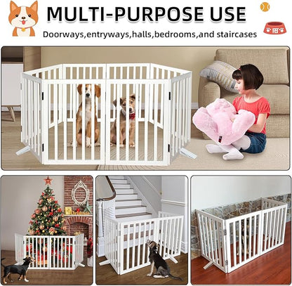 Dog Gate Indoor, Freestanding Dog Fence for The House, Doorways, Hallways,or Stairs,Pet Gate Foldable Wooden,Expandable 24" Height 4 Panels,White