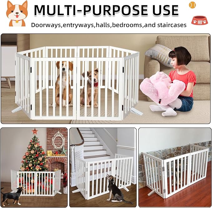 Foldable Indoor Dog Gate for The House Freestanding Stairs Nature Wooden White Pet Gate for Doorway Puppy Gate for Dogs Expandable Dog Fence for Stairs or Hallways 24"" Height 6 Panels