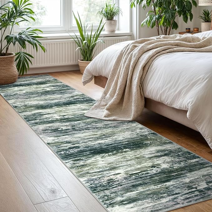 KOZYFLY Modern Abstract Hallway Runner Rug, 2x8 Kitchen Rugs Non-Slip Washable Soft Striped Runner Rugs, Print Green Yellow Carpet Runner for Entryway Bathroom Laundry Room Foyer