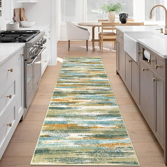 Modern Abstract Runner Rug 3x8, Green Mustard Multi Washable Kitchen Runner Non-Slip Soft Hallway Rug Runner Thin Print Faux Wool Carpet for Entryway Bedroom Laundry Room Indoor Home Office