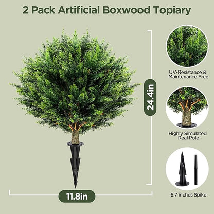Artificial Cypress Topiary 2 Pack, UV Resistant Artificial Shrub Bushes with Ground Spike, Fake Evergreen Artificial Plant Bush for Front Porch, Garden, Indoor, Outdoor Planters