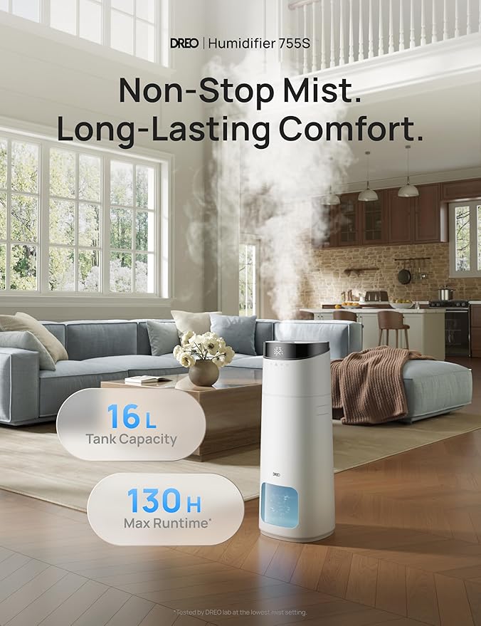Dreo 16L Smart Humidifier Large Room 1000 ft², 130H Cool Mist Air Humidifiers for Bedroom Plants Baby, Top Fill, Remote/Touch/Voice & APP Control, Self-Cleaning Tank, 30dB, RGB Light, HM755S White