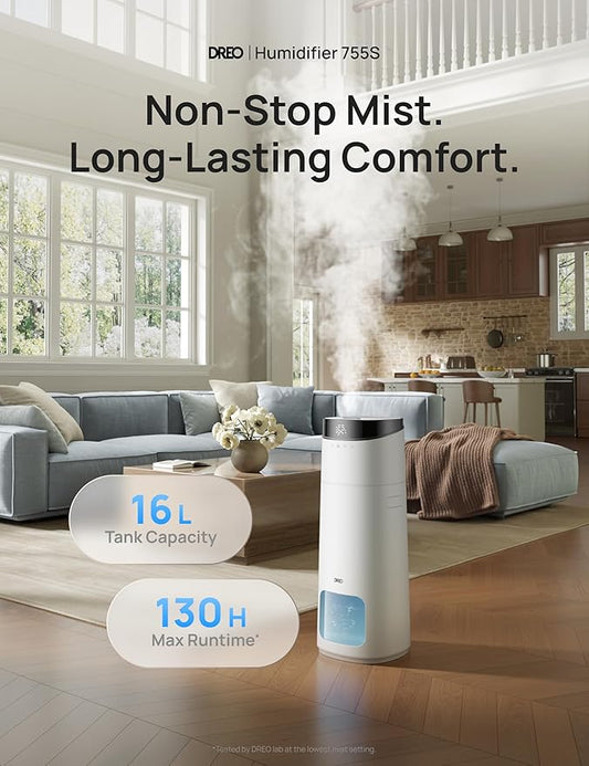 Dreo 16L Smart Humidifier Large Room 1000 ft², 130H Cool Mist Air Humidifiers for Bedroom Plants Baby, Top Fill, Remote/Touch/Voice & APP Control, Self-Cleaning Tank, 30dB, RGB Light, HM755S White
