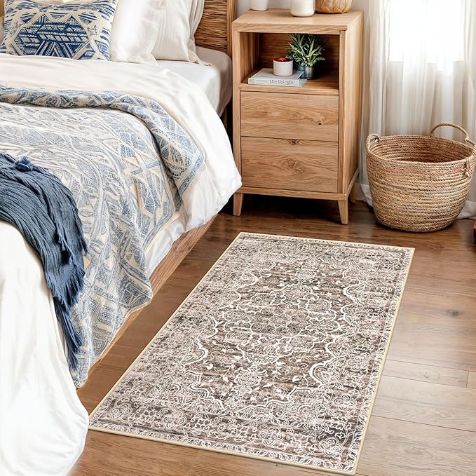 KUTA Vintage Floral Rugs 2x3 Washable Entryway Small Area Rug Non-Slip Ultra Soft Brown Doormat Indoor Printed Retro Distressed Accent Kitchen Throw for Entrance Bedroom