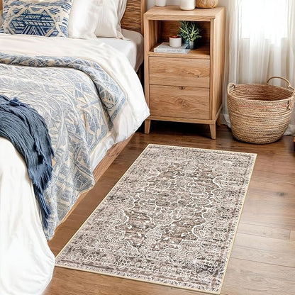 KUTA Vintage Floral Rugs 2x3 Washable Entryway Small Area Rug Non-Slip Ultra Soft Brown Doormat Indoor Printed Retro Distressed Accent Kitchen Throw for Entrance Bedroom