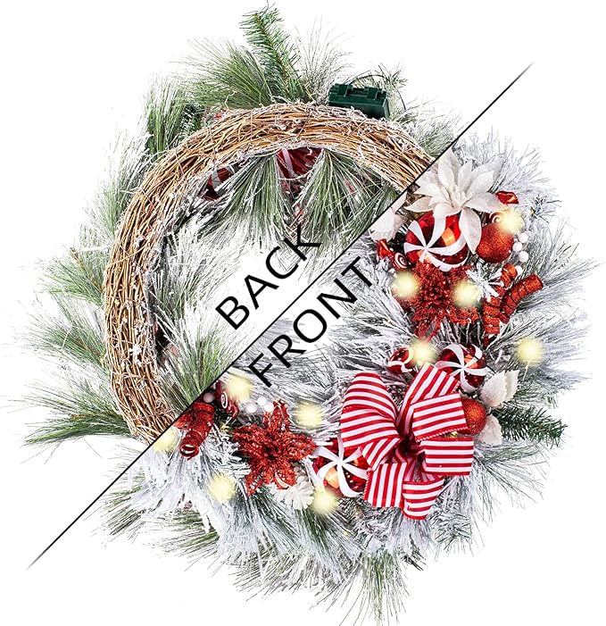 WANNA-CUL Pre-Lit 30 Inch Large Lighted Christmas Wreath for Front Door with 50 Led Lights, Red White Lighted Christmas Door Wreath Decor with Ball Ornaments, Candy Canes, Battery Operated