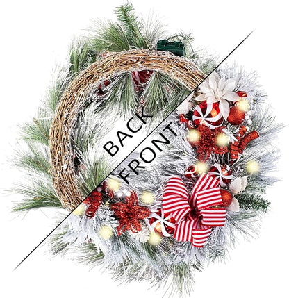 WANNA-CUL Pre-Lit 30 Inch Large Lighted Christmas Wreath for Front Door with 50 Led Lights, Red White Lighted Christmas Door Wreath Decor with Ball Ornaments, Candy Canes, Battery Operated