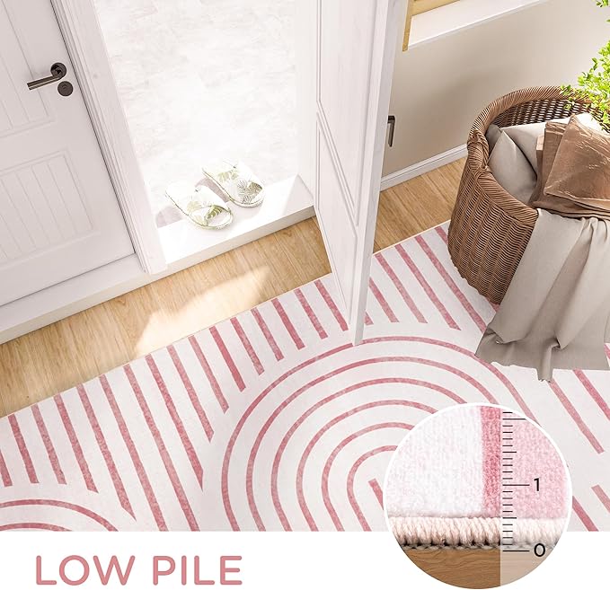 2x6 Washable Pink Runner Rugs for Kitchen, Soft Abstract Rainbow Boho Rug for Bedroom Bedside Laundry Room Bathroom,Modern Non Slip Low Pile Floor Mat