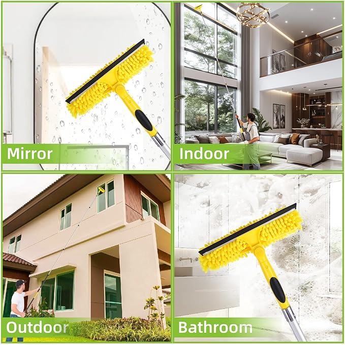 284'' Window Squeegee with Telescoping Extension Pole, 2 in 1 Shower Cleaning with Telescopic Pole, Extension Washing Tool with Rotating Head for Indoor/Outdoor High Window Glass