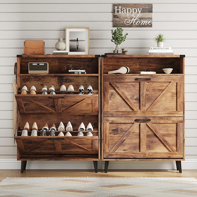 Vabches Shoe Storage Cabinet with 2 Flip Drawers,Freestanding Narrow Shoe Organizer with Open Storage,Hidden Slim Shoe Rack Cabinet for Entryway,Brown (2 Pack)