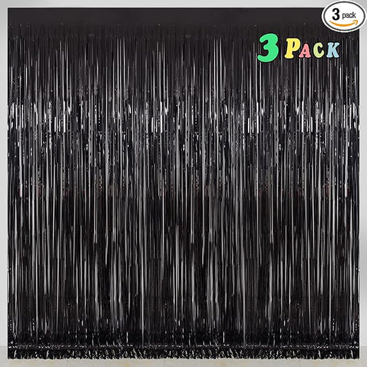 Glossy Black Foil Fringe Curtains – 3 Pack Metallic Tinsel Backdrop for New Year’s Eve & Party Decorations, 3.2 x 8.2 ft, Easy Peel & Stick, Party Photo Background