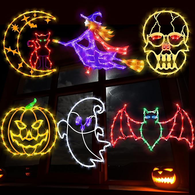 16" Halloween Window Silhouette Lights Decorations - 6 Pack Colour Lighted Ghost ＆ Pumpkin ＆ Witch ＆ Bat ＆ Skull Head ＆ Cat on Moon for Holiday Indoor and Outdoor Wall Door Window Decorate