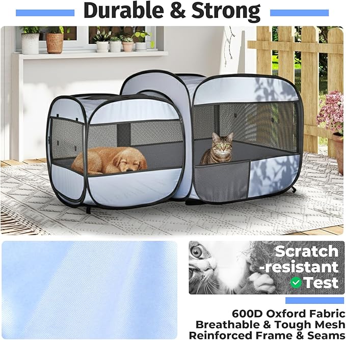 EighteenTek 2-in-1 Portable Cat Playpen, Detachable into 2 Separate Cages with Additional 2 Doors, Pop up Pet Play Pen Cat Tent House, Foldable Puppy Enclosure Kitten Crates Indoors Outdoor(Grey)