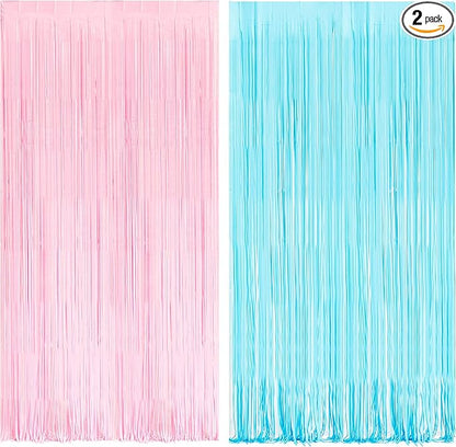 BRAVESHINE Tinsel Photo Backdrop Curtains - 2 Pack 3.2x8.2ft Pastel Pink Blue Foil Fringe Streamer Curtain for Christmas/Boy or Girl Birthdays/Mermaid/Candy/Donuts/Easter/Engagement Party Decorations