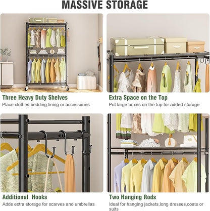 Rolling Clothes Rack for Hanging Clothes, Metal Clothing Garment Rack with Double Rods & 3 Wire Shelves, Portable Wardrobe Closet with Wheels