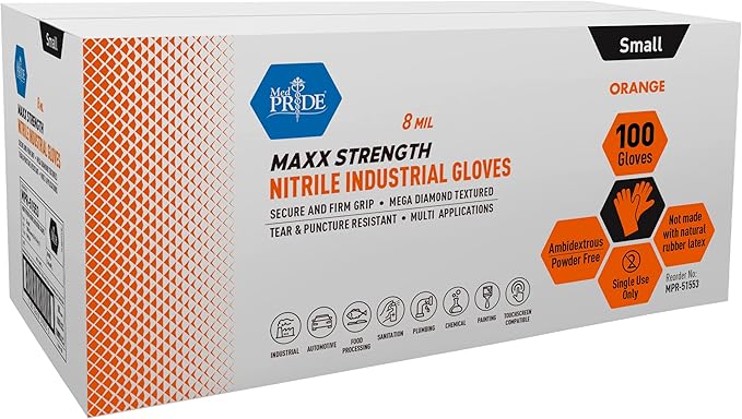MED PRIDE Maxx Strength Nitrile Industrial Orange Gloves, 8 Mil Thick - Diamond Texture Disposable Heavy-Duty, Tear-Resistant