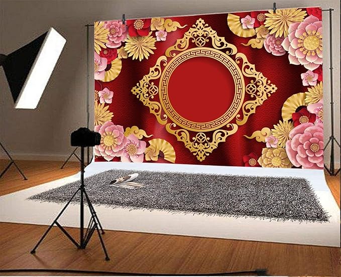 AOFOTO 15x10ft Chinese New Year Backdrop Red and Gold Paper-cuts Floral Lucky Clouds Traditional Spring Festival Asian Lunar New Year Background Room Decoration Banner Kid Portrait Photo Shoot Props