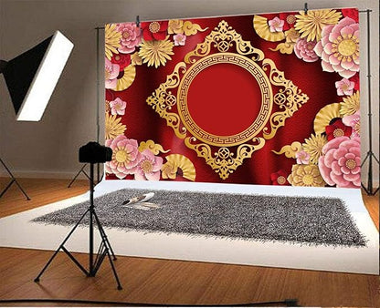 AOFOTO 12x8ft Chinese New Year Backdrop Red and Gold Paper-cuts Floral Lucky Clouds Traditional Spring Festival Asian Lunar New Year Background Room Decoration Banner Kid Portrait Photo Shoot Props