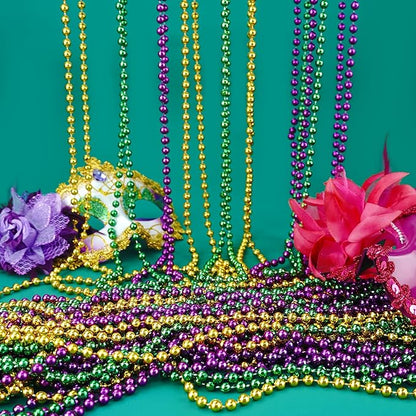 YAXINRUI Mardi Gras Beads Necklaces, 15pcs 33' 7mm Metallic Gold Green Purple Bead Party Favors