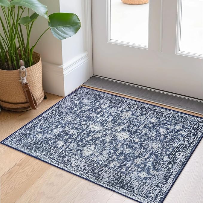 KILOCOCO Moroccan Small Area Rug 2x3 Washable Rug Entryway Mat Printed Vintage Floral Soft Non-Slip Blue Kitchen Rugs Indoor Door Mat, Accent Throw Rugs for Laundry Room Bedroom Entrance