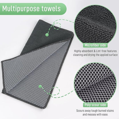 SINLAND Microfiber Dish Cloths Wash Clothes for Kitchen Best Kitchen Cloths Cleaning Cloth Poly Scour Side 12"x12" (5Pack, Dark Grey)