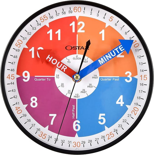 OSTAR Telling Time Teaching Wall Clock, Analog Silent Learning Clock for Kids Room Decor Battery Operated